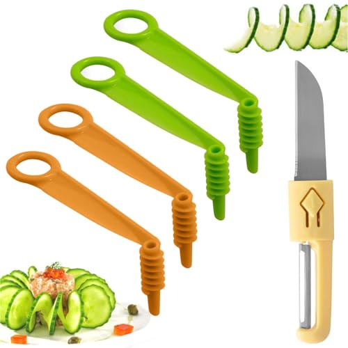 Luxvara Pelador Verduras Manual con 4 Piezas Cortador de Verduras en Espiral, Pequeño Cuchillo Portátil con Funda, Pelador de Pepino Espiral, Peladora de Patatas Multifunción para Cocina
