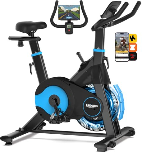 ERGOLIFE Air + Magnetic Resistance Exercise Bike, Stationary Fan Bike with Exclusive App, 8 Resistances Indoor Cycling with 300lbs Weight Capacity & Tablet Holder for Weight Loss
