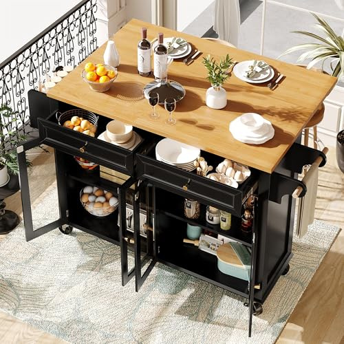 Oslghy Isla De Cocina Móvil con Ruedas, Aparador, Armario, Carro de Cocina con Mesa de Comedor Abatibles, Multifuncional Mueble Auxiliar con 4 Puertas de Cristal, 2 Cajones, Negro, 140x44.5-72.5x90cm