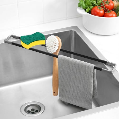 ITClosud 43cm Spülbecken Organizer, Flexibler Lappenhalter für Spülbecken, Spültuch Aufbewahrung u. Abtropfhalter, Küchen-Organizer for Dish Towels, Sponges, Brushes, Hitzebeständig, Schwarz