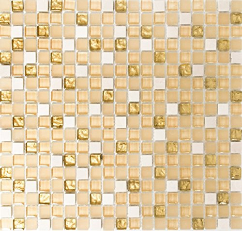 Mosaik Quadrat Crystal/Stein mix weiß matt/gold Glas Naturstein Fliesenspiegel, Mosaikstein Format: 15x15x8 mm, Bogengröße: 322x305 mm, 10 Bögen