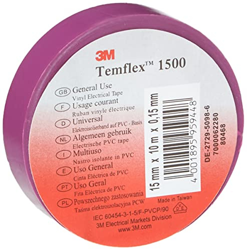 3 M tvio1510 Temflex 1500 vinyle électrique Ruban isolant, 15 mm x 10 m, 0,15 mm, violet