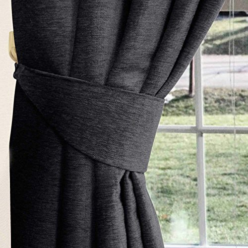 HOMESCAPES Pewter Grey Chenille Curtains Tie Backs Pair, 2 Tie Backs for Curtains – Coordinating with Chenille Thermal Pencil Pleat Curtains. FREE SWATCHES AVAILABLE