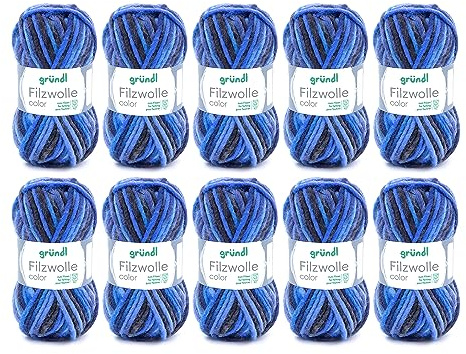 Gründl Wolle Filzwolle color 10 Knäuel 50 g, blau-grau | Dicke Wolle zum Filzen in der Waschmaschine - Strickgarn zum Filzen - 100 % Schurwolle - 50 g /50 m -Nadelstärke 8-9
