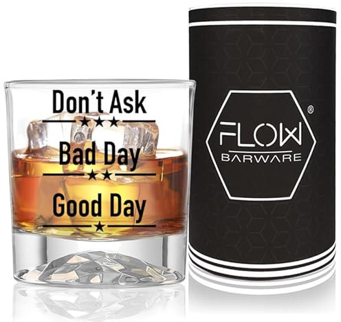 FLOW Barware Buen día, mal día, no preguntes, vaso de whisky, regalo divertido para los amantes del whisky, vaso, ron, ginebra