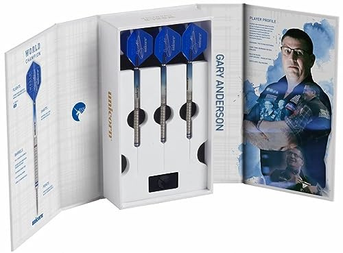 Unicorn Darts-Set mit Stahlspitze, Gary 'The Flying Scotsman' Anderson Phase 3, 5, 6 Weltmeister, 90% natürliches Wolfram mit blauen Akzenten, Präsentationsverpackung, 21 g, 22 g, 23 g, 24 g, 25 g,