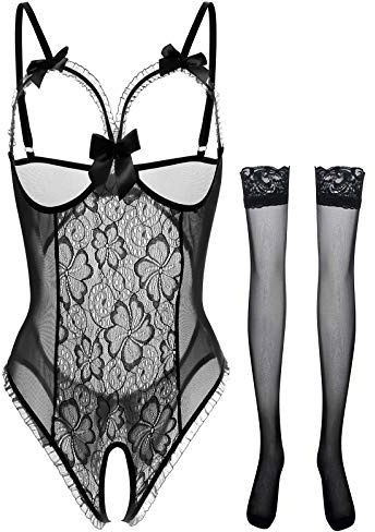 Lingerie for Women One-Piece Teddy Lingerie Sexy Bodysuit Lace Nightie S-3XL(A-Black,L)