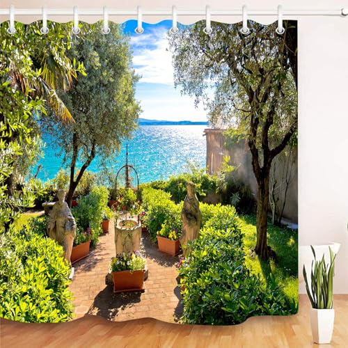 Sunny seaside garden with beautiful scenery Bathroom decoration, 3D HD, polyester waterproof shower curtain, 12 hooks, 180X180cm, bathroom essential