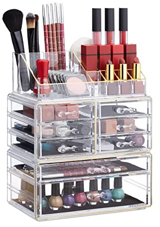 Relaxdays Make Up Organizer mit Schubladen, stapelbarer Schmink- und Schmuckkasten, Acryl Make Up Kit, versch. Farben