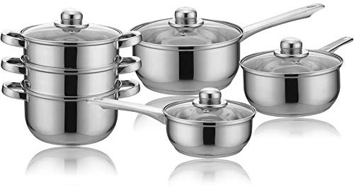 6 Pcs Steamer & Saucepan Cookware Set with Lids & Handles Stainless Steel Sauce Pan Pot Prima Kitchen Home Cook, 3 Tier Steamer, Casserole, Chef Healthy Veg Cooking Housewarming Gifts UK Free P&P
