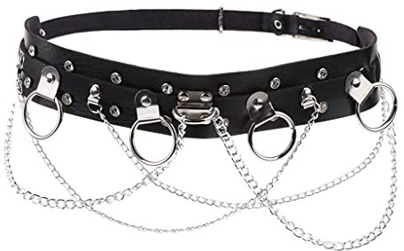 Colcolo Frauen Punk Jeans Gürtel Nieten Rock Gürtel Ledergürtel mit Metallkette, Schwarz, 95 cm