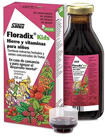 Salus - Floradix Kids Suplemento de Hierro, Botella de 250 ml, Reduce el Cansancio y la Fatiga, Apoya el Desarrollo Mental y la Función Cognitiva - Contiene Vitaminas B1,B2,B6,B12,C y Niacina
