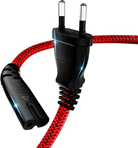 Stromkabel 2 Polig, RIKSOIN Netzkabel 1m Eurostecker (CEE 7/16 auf C7) Nylon-Geflecht Universale Kleingerätekabel mit VDE für TV, PS3/PS4/PS5,One S/X, Laptop Netzteil, Blu-ray, Radio usw