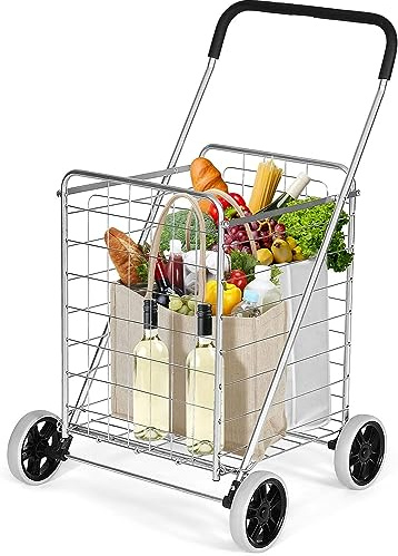 GYMAX Carrito Plegable 83 L, Carrito Multiusos Resistente con Asa y Ruedas Grandes, Carrito Versátil con Cesta de Metal para Almacenes, Supermercados y Lavandería (Plata)