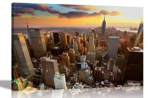New York City Skyline mit Wolkenkratzern Leinwanddruck Stadtbild Bilder Wandkunst gespannt und gerahmt Kunstwerk für Wohnzimmer Büro 51 x 35 cm (20 x 14 Zoll)