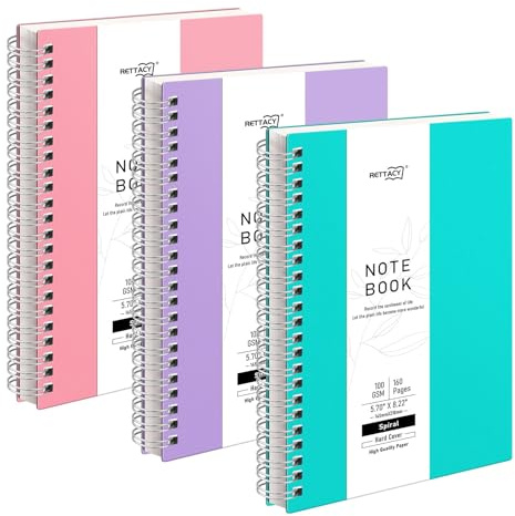 RETTACY A5 Spiral Notebook 3 Pack, Wirebound Colorful Notebooks 80sheets/160 Pages for Writing,100gsm College-Ruled Paper, Flexible Plastic Cover, for Women Men Work Office School,14.5 x 21cm