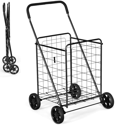 GiantexUK Shopping Cart on Wheels, Folding Metal Grocery Trolley with Foam-wrapped Handle, Heavy-duty Utility Cart for Supermarket Warehouse Laundry (Black) | Folding Metal Grocery Trolley with Foam-wrapped Handle, Heavy-duty Utility Cart for Supermarket Warehouse Laundry