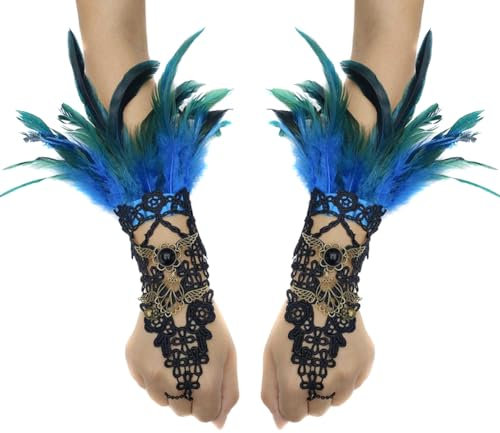 1 Paar Spitze Feder Manschetten, Gothic Feder Handschuhe mit Feder Handgelenk Damen Maleficent Kostüm Hexe Fingerlose Handschuhe Vintage Lange Federhandschuhe Manschette für Halloween Kostüm Party