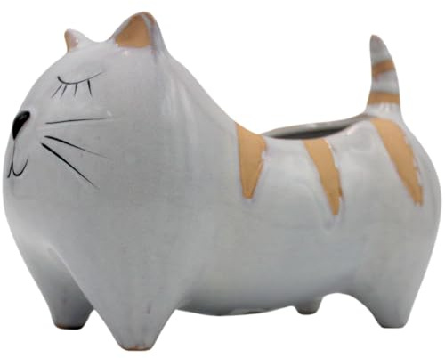 Ytterkruka – blomkruka – planteringskärl – dekorativ skål av keramik, motiv: katt i ljusgrå, mått L/B/H: ca 21 x 12 x 14 cm