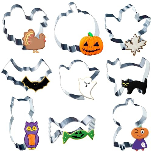 Halloween Ausstecher Set,9 Stück Groß Keksausstecher Kürbis Geist Fledermaus Katzen Ausstechformen Cookie Cutter Ausstecher Plätzchenausstecher für Backen