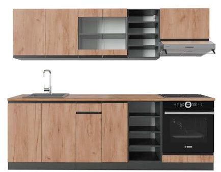 Vicco Küchenzeile R-Line, Goldkraft Eiche/Anthrazit, 240 cm J-Shape, AP Eiche, mit modularer Anordnung und erweiterbaren Elementen