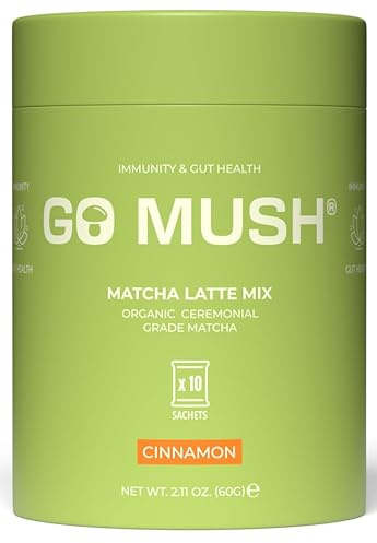 GO MUSH® Organic Matcha Latte Mix Cinnamon - 10 Sachets | Gut Health & Immune Boost - Rich Taste, Easy Preparation - Enjoy Daily! Just mix one sachet with hot water or milk.
