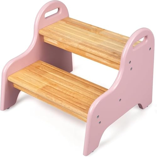 StrongTek Marchepied 2 marches bois d'hévéa, sûr et robuste, idéal salle de bain, cuisine, maison, durable, antidérapant, sécurité des enfants