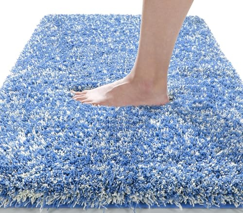 Yimobra Fluffy Plush Bath mat, Super Soft Comfortable Non Slip, Water Absorbent Microfiber Bath Mat, Dries Quickly, Machine Washable Thick Bathroom Floor Rugs for Shower, 43 x 61 cm, Blue and White