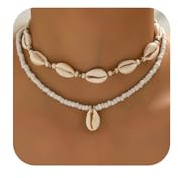 Nackiy Handmade Sea Shell Necklace Choker For Women Summer Adjustable Natural Shell Collar Necklace (Beige Braided Rope) (2 Layered)