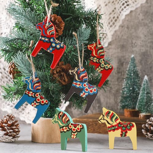 Vercraft 6 st svensk dalahäst juldekorationer trä dala häst hängande hänge dekorativ dalekarlian hästfigur juldekorationer för hem julgran festgåva (vintage färg)