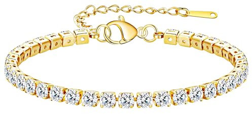 Flongo Damen Tennisarmband Zirkonia Armband: Gold CZ Edelstahl Armkette Verstellbar Glitzer Iced Out Tennis Armband Armreif Geschenk für Hochzeit Frauen