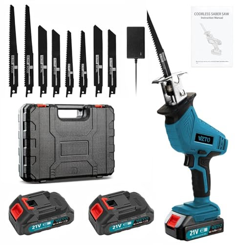 Dibaful Sierra alternante azul con 8 hojas de sierra, sierra alternante inalámbrica de 21 V CC con batería de 2 x 2.0 Ah, sierra eléctrica de velocidad variable de 0-4000 RPM para corte de madera,
