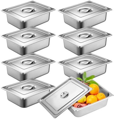 Xnqelerate 8 Stück GN Behälter 1/2, Edelstahl Behälter mit Deckel, Gastro Speisebehälter 32,5 x 26,5 x 10 cm, Hitzebeständiger, stapelbar, für Speisen, Torten, Hotelpfanne