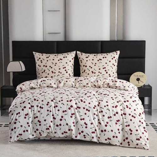 Cotton Market Parure de Lit 155x200 3 Pcs – Housse de Couette avec 2 Taies d'oreiller 70x80 cm – en Coton et Microfibre Douce avec Fermeture Éclair – Certifiée Oeko-TEX, Respirante – Cerises