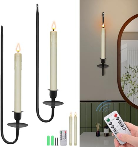 Wall Candle Holder Set of 2 with Flameless Candles Battery Operated and Remote Control, Home Decor Wall Sconces Holder Candle Sticks for Living Room Fireplace Painting (Black)