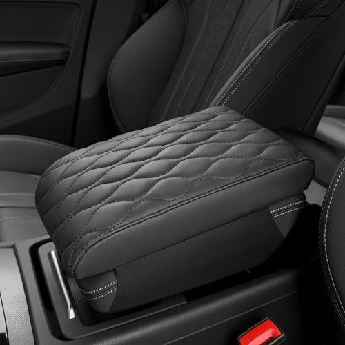 POKSRI cuscino bracciolo auto pelle PU,Nero Bracciolo Box mat,Schiuma memoria Vera pelle mucca,Cuscino poggiabraccio consolle(sizeB 35.5x20x4.5cm)