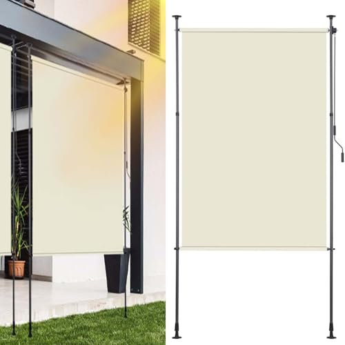 Ollewiellan Tenda da sole verticale con morsetto esterno, 150 x 270 cm, allungabile, tenda da sole verticale con manovella senza fori, protezione per balcone e terrazza, colore beige