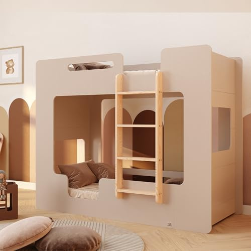 smartwood Etagenbett 90x200 cm mit Rausfallschutz, Holz, Kaschmir, Mimi B | Stockbett für 2 Kinder, Lattenrost: unterer bis 230kg; oberer bis 130kg, FSC Kiefernsperrholz, abgerundete Kanten, ab 3 Jahre