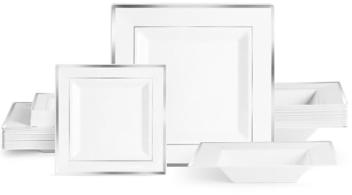 MATANA 60-Piece Reusable White Plastic Dinnerware Set with Silver Rim – 20 Dinner Plates, 20 Dessert Plates & 20 Bowls – Elegant Square Tableware for Weddings, Birthdays, Parties & Events
