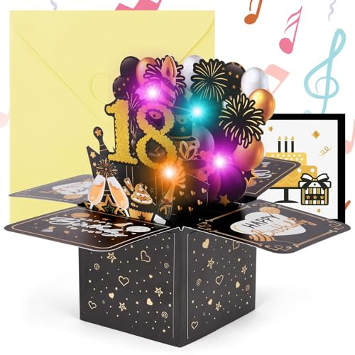 OFFCUP 18. Födelsedagskort 3D-gratulationskort med musik och ljus för 18-årsdagen pop up-kort grattis på födelsedagen födelsedagskort födelsedagspresent för kvinnor barn flickvän män (svart guld)