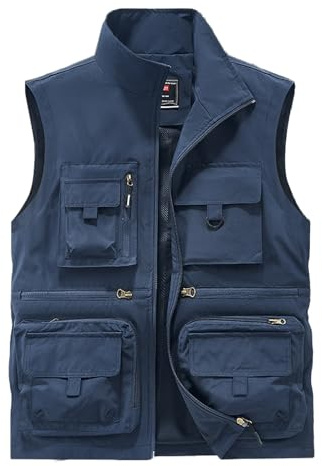 Sukany Men's Casual Outdoor Fishing Vest Jacket Safari Work Gilet Travel Cargo Photo Mesh Waistcoat with Multi Pockets Blue M