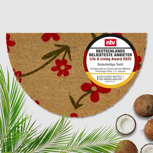 Felpudo exterior flores rojo coco 40 x 60 cm semicircular natural – 16 mm – Felpudo de coco exterior e interior – Felpudo antideslizante – Felpudo antisuciedad resistente