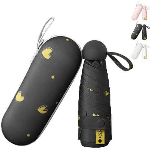 LaresDay Ombrello con motivo a cuore – Mini ombrello compatto con custodia protettiva, leggero e portatile per donne e uomini (piccolo, carino, elegante), Nero , 20 cm (geschlossen)