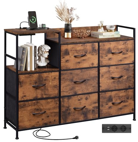WLIVE 8 Kommode mit Schubladen, Stoffschubladen mit Auszügen, Braun | Kommoden & Sideboards mit Ladestation, Kommode Schlafzimmer, Kommode Flur
