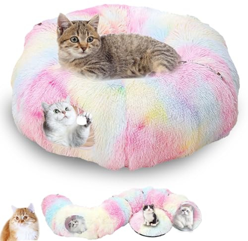Katzentunnel, XXL Katzentunnel Große Katzen mit Schlafplatz & Bed Weiches, mit Zwei Eingängen Katzenhöhle & Hängende Bälle, Katzen Donut Cat Tunnel für Katze, Farbig