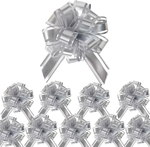 Vsosfiza Kleine Geschenkschleifen, 10 Stück (10 cm) - Ideal für Geschenkverpackungen, Körbe, Hochzeitsdekoration, Einzugspartys, Geburtstagsfeiern und Blumensträuße. Farbauswahl: Silber