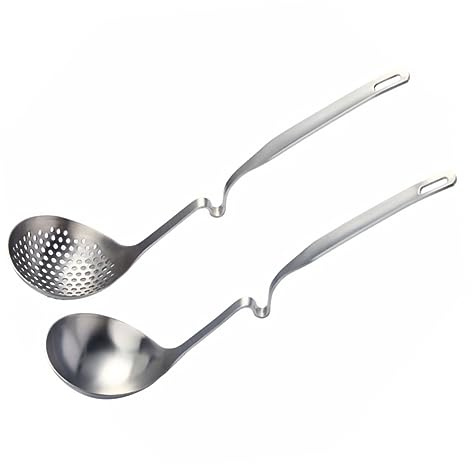 Sosoport 2 pièces Louche Inox à Suspendre Cuillère Service et Louche à Soupe Fendue Manche Long avec Crochet Écumoire pour Pot Passoire pour Friture et Bouillon