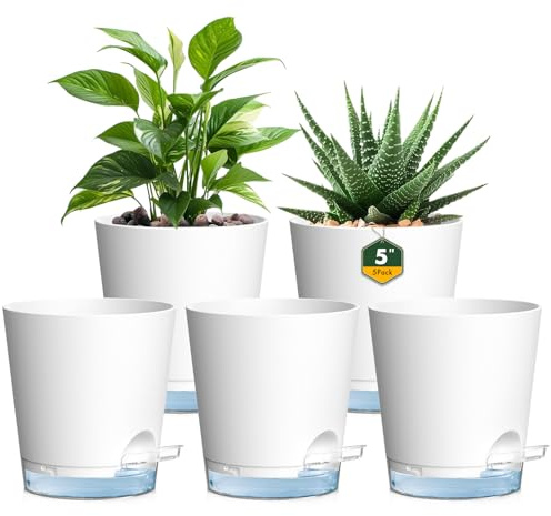 Homeuouz 12 cm Self Watering Pots With clear reservoir, 5 Pack Plastic Flower Pots with Drainage Holes and Saucer, Indoor plant pots for Herbs and All House Plants, White