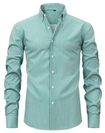 Chemise rayée basique pour homme avec boutons - Chemise de loisirs - Chemise d'affaires - Infroissable - Coupe ajustée - Couleur unie - Décontractée - Chemise pour homme, Vert-e, 3XL
