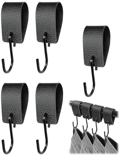 JUKOTA 5 Pezzi Gancio a S con Passante In Pelle, Ganci Multifunzione Ganci a S Gancio da Campeggio, Gancio Appendiabiti in Metallo Nero, Ganci a S Per Guardaroba Passeggino Cucina Bagno e Campeggio